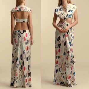 NWT Marina Moscone Off-Shoulder Twist Dress in Dot Print Size 6 High Slit Maxi